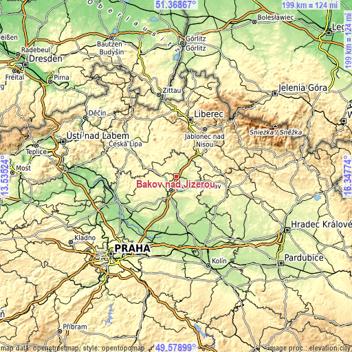 Topographic map of Bakov nad Jizerou
