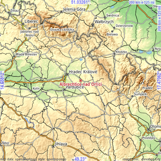 Topographic map of Albrechtice nad Orlicí