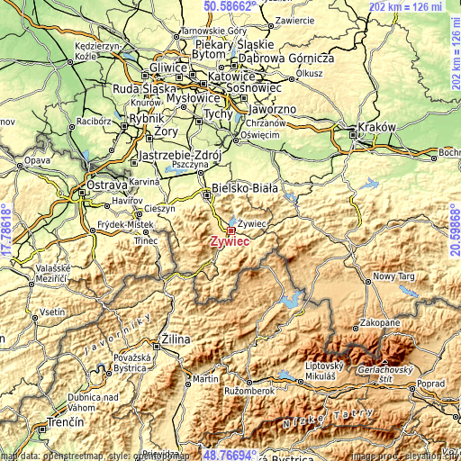 Topographic map of Żywiec