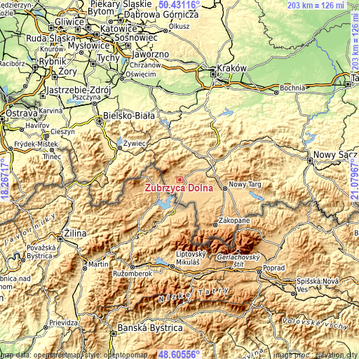 Topographic map of Zubrzyca Dolna