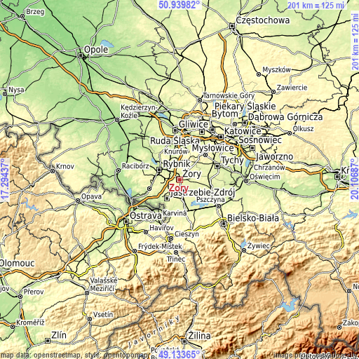 Topographic map of Żory