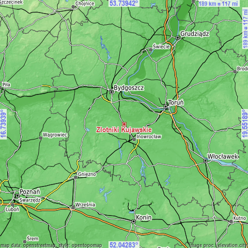 Topographic map of Złotniki Kujawskie