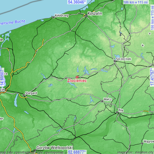 Topographic map of Złocieniec