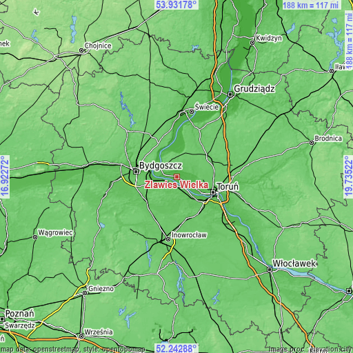 Topographic map of Zławieś Wielka