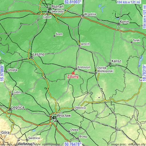 Topographic map of Zduny