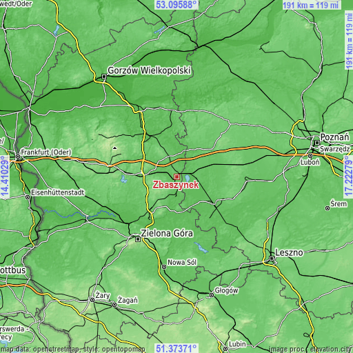 Topographic map of Zbąszynek