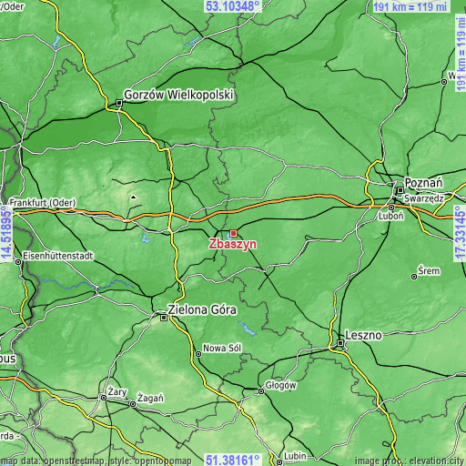 Topographic map of Zbąszyń