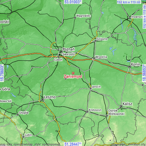 Topographic map of Zaniemyśl