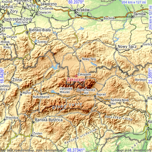 Topographic map of Zakopane