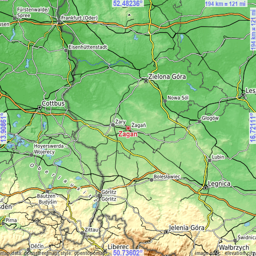 Topographic map of Żagań