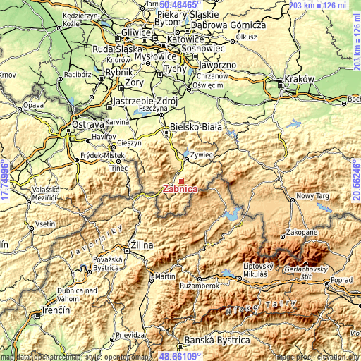 Topographic map of Żabnica