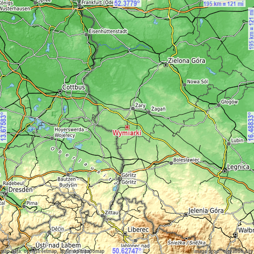 Topographic map of Wymiarki