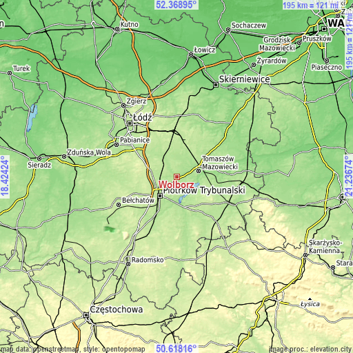 Topographic map of Wolbórz