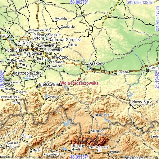 Topographic map of Wola Radziszowska