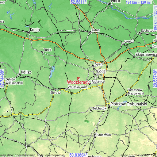 Topographic map of Wodzierady