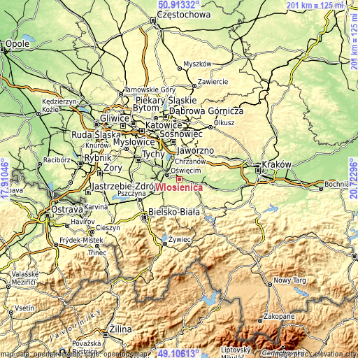 Topographic map of Włosienica