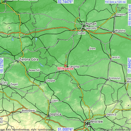 Topographic map of Wilkowice