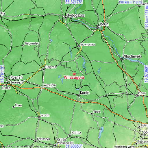 Topographic map of Wilczogóra