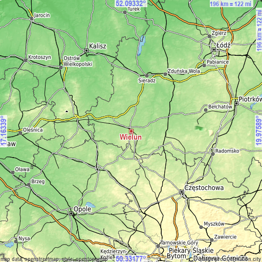 Topographic map of Wieluń