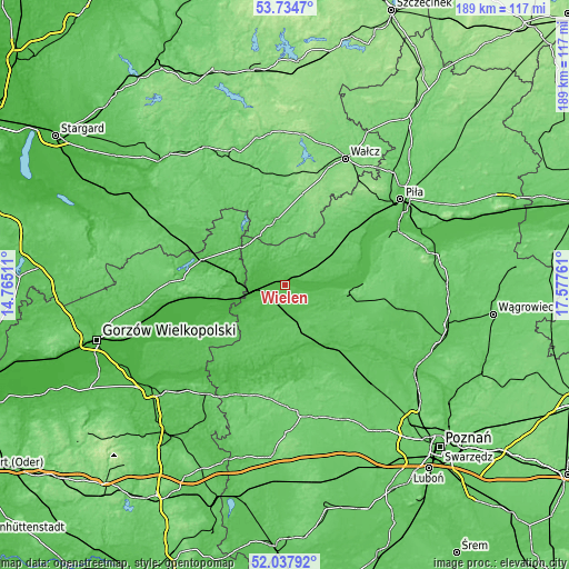 Topographic map of Wieleń