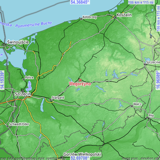 Topographic map of Węgorzyno