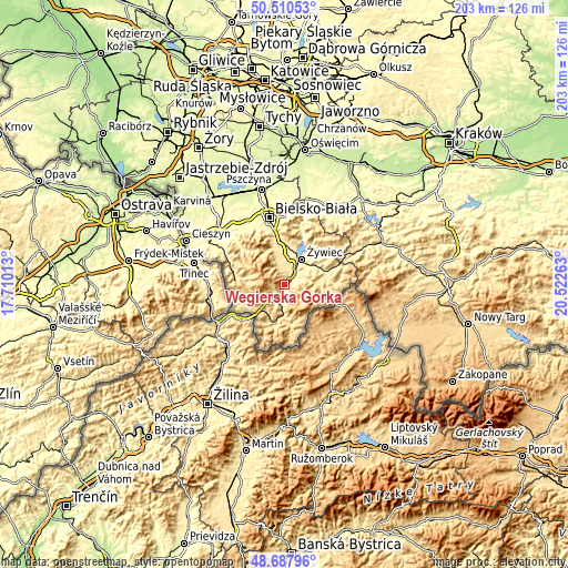 Topographic map of Węgierska Górka