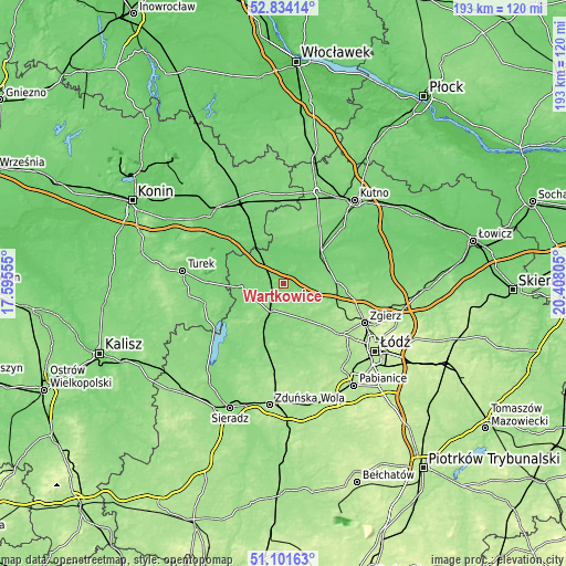 Topographic map of Wartkowice