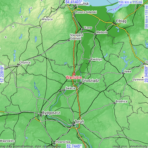 Topographic map of Warlubie