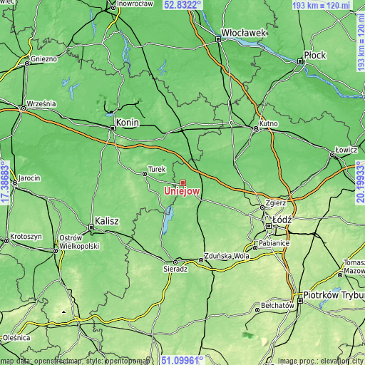 Topographic map of Uniejów