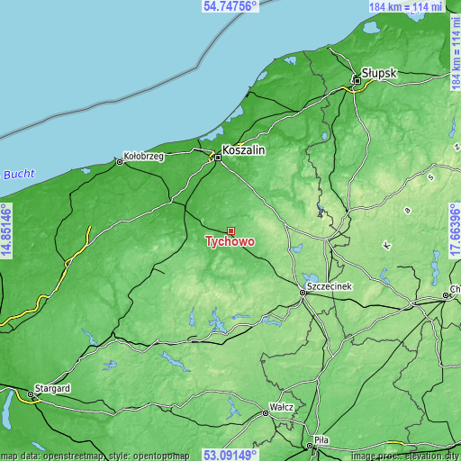 Topographic map of Tychowo