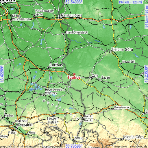 Topographic map of Tuplice