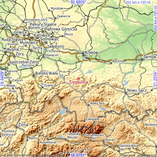 Topographic map of Trzebunia
