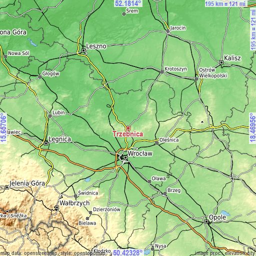 Topographic map of Trzebnica