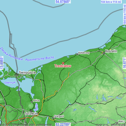 Topographic map of Trzebiatów