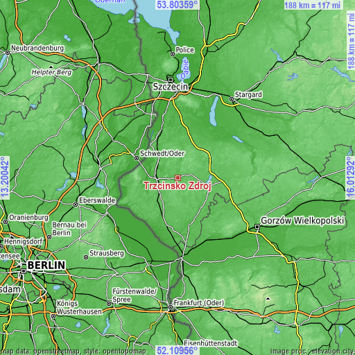 Topographic map of Trzcińsko Zdrój