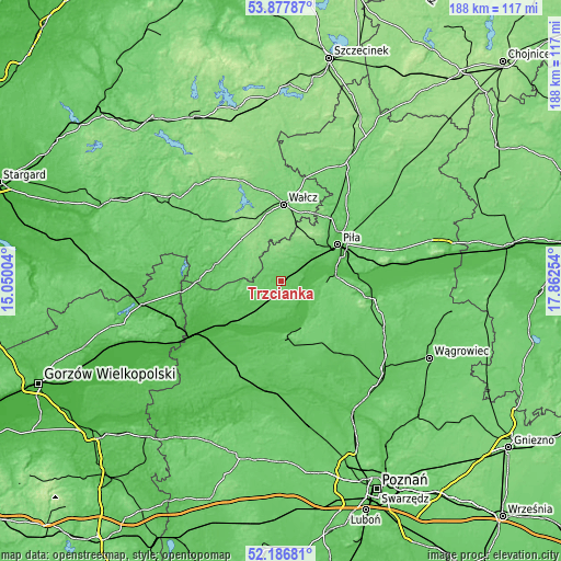 Topographic map of Trzcianka