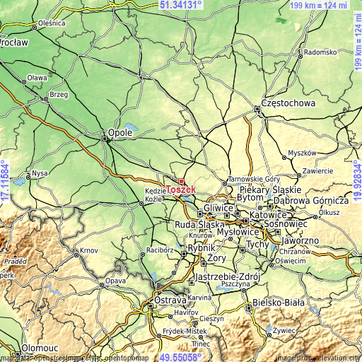 Topographic map of Toszek