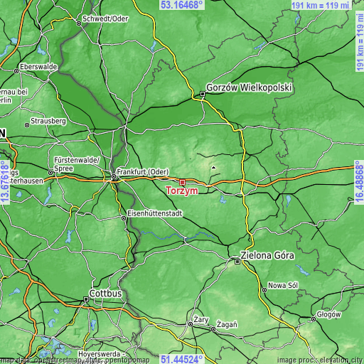 Topographic map of Torzym