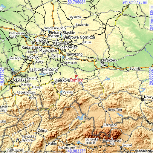 Topographic map of Tomice