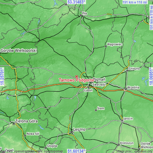 Topographic map of Tarnowo Podgórne