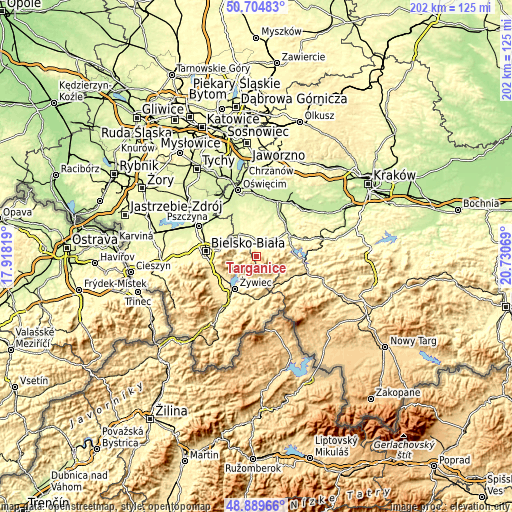 Topographic map of Targanice