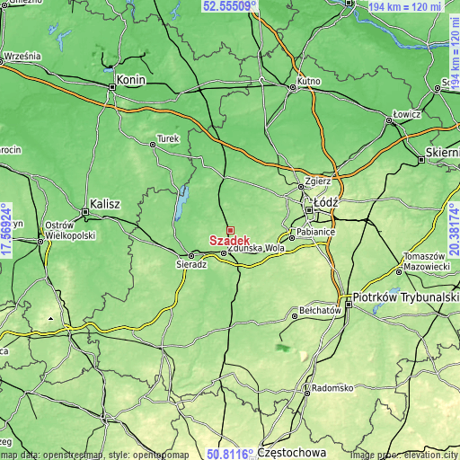 Topographic map of Szadek