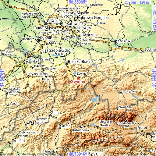 Topographic map of Świnna