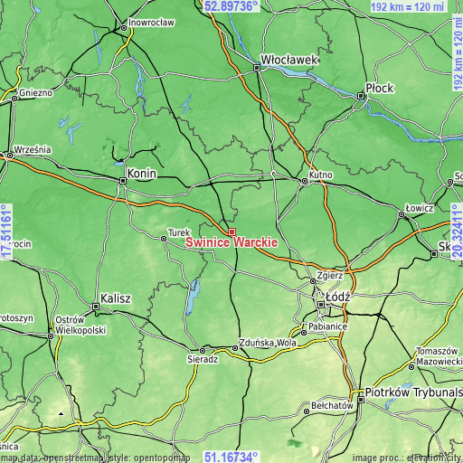 Topographic map of Świnice Warckie