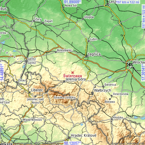 Topographic map of Świerzawa