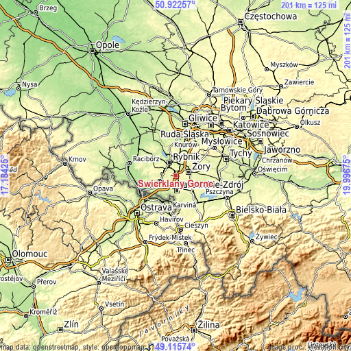 Topographic map of Świerklany Górne