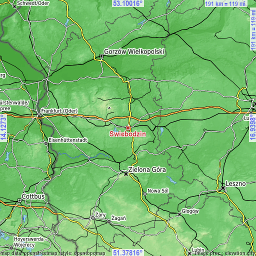 Topographic map of Świebodzin