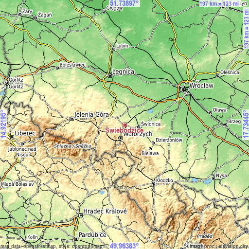 Topographic map of Świebodzice