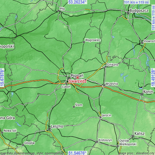 Topographic map of Swarzędz