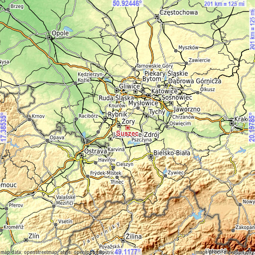 Topographic map of Suszec